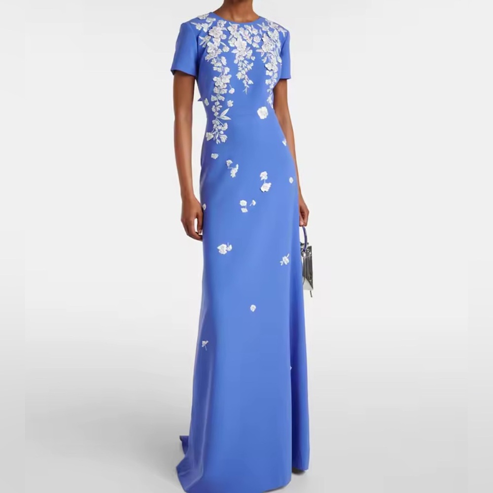 NEW $689 Falling Blossom Elegant Blue Floral-Embroidered Bow Women's Gown